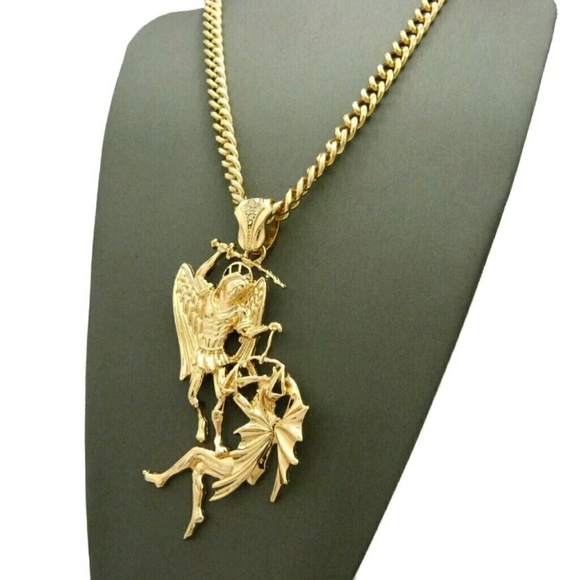 Hip Hop Gold PT Saint Michael Archangel Pendant W/ - Picture 2 of 4